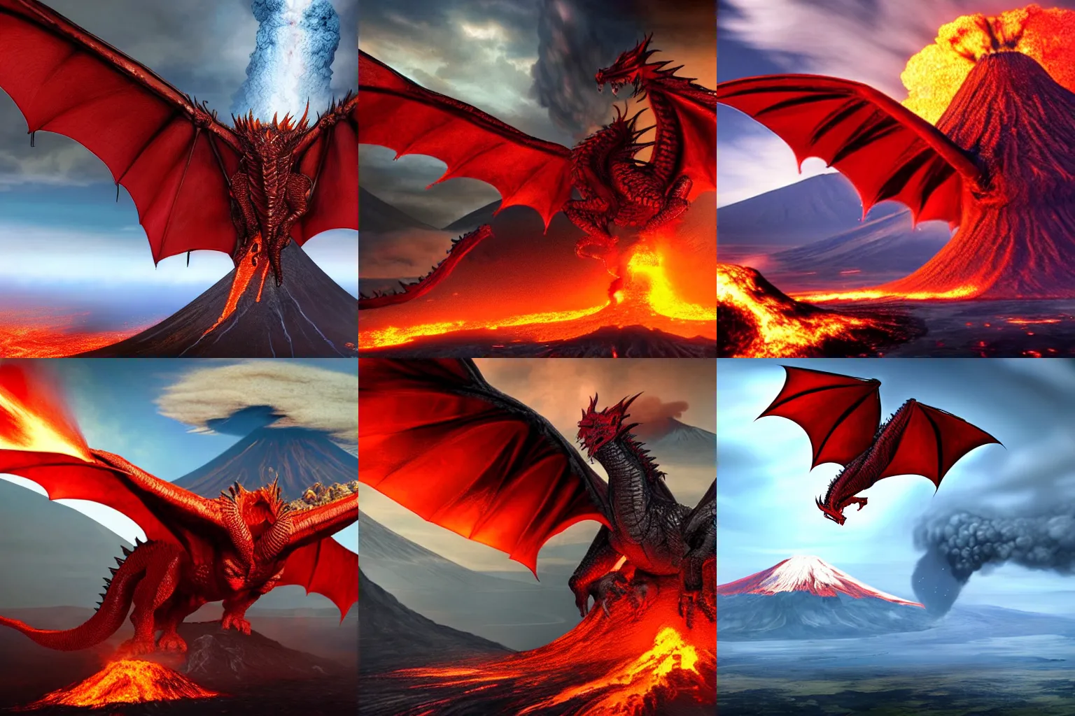 Prompt: enormous red dragon flying above an erupting volcano. 4 k video game concept art. highly detailed. fantasy.