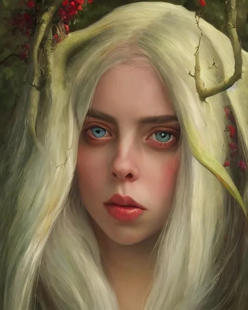 Image similar to billie eilish as a beautiful elf princess, oil painting, by laura sava