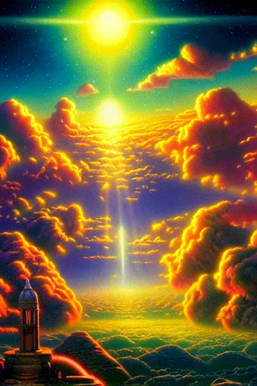 Prompt: a photorealistic detailed cinematic image of a beautiful vibrant iridescent future for human evolution, spiritual science, divinity, utopian, cumulus clouds, ornate landscapes, isometric, by david a. hardy, kinkade, lisa frank, wpa, public works mural, socialist