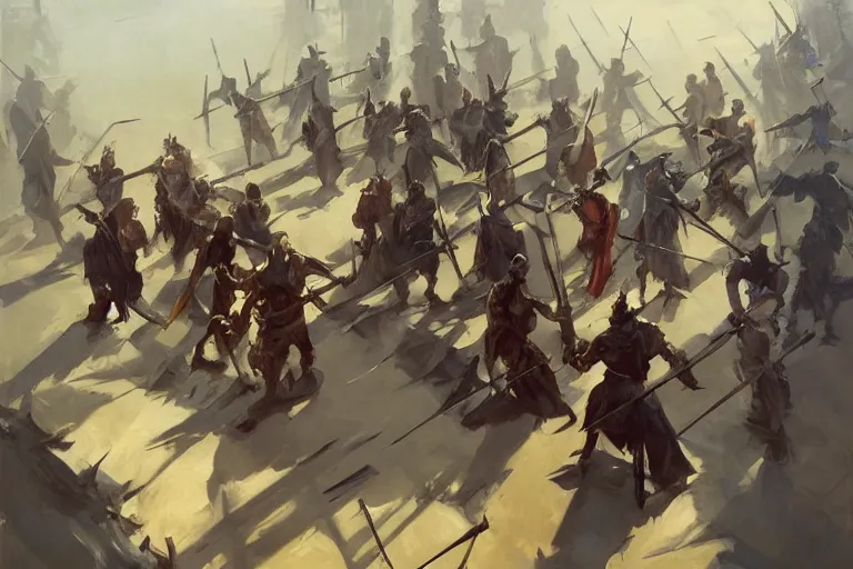 Prompt: greg manchess painting of a pile of swords in the middle of an arena, profile picture, organic painting, sunny day, matte painting, bold shapes, hard edges, street art, trending on artstation, by huang guangjian, gil elvgren, ruan jia, randy vargas, greg rutkowski