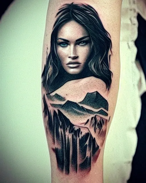 Image similar to creative double exposure effect tattoo design sketch of megan fox faded with beautiful mountain scenery, realism tattoo, in the style of matteo pasqualin, amazing detail, sharp