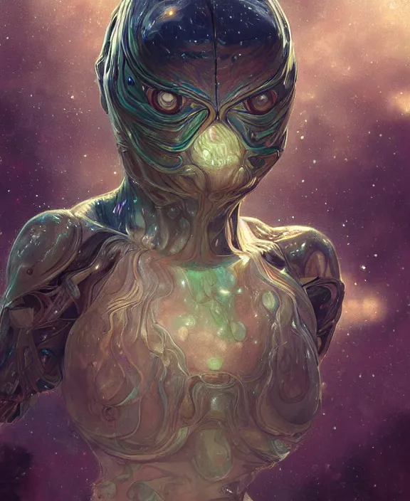 Image similar to portrait of a shining slime dripping abstract geometric angular insect alien monster, muscles, rippling, milky way environment, ultra realistic, concept art, intricate details, eerie, highly detailed, photorealistic, octane render, 8 k, unreal engine. art by artgerm and greg rutkowski and alphonse mucha