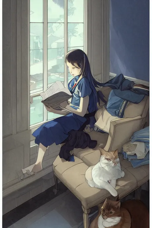 Image similar to a digital painting of a girl reading a book with a cat in A comfortable study room at night,blue and grey theme,JK uniform ,Hairdryer,blue theme,S line, by krenz cushart and mucha and range murata and greg rutkowski