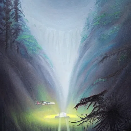 Image similar to a beautiful painting about a futuristic military helicopter landing in a misty rainforest, surrounded by mountains and snow. Featured on Artstation. angelic fluffy alien rivulet cylinder civet photon melon curd, by Evard