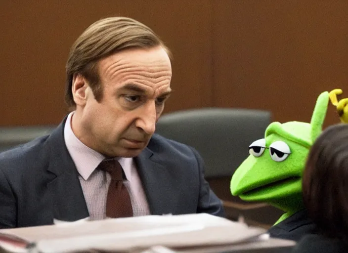 Prompt: saul goodman defending kermit the frog in court, still from better call saul