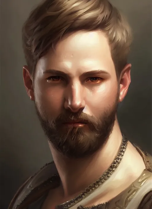 Image similar to a _ fantasy _ style _ portrait _ painting _ of slightly chubby white male very short hair short stubble, brown hair, rpg dnd oil _ painting _ unreal _ 5 _ daz. _ rpg _ portrait _ extremely _ detailed _ artgerm _ greg _ rutkowski _ greg