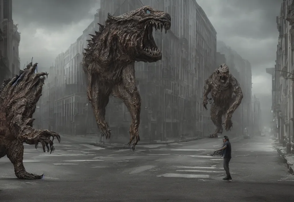 Image similar to vfx color film, huge monster creature by aaron sims, in residential street, low - key lighting award winning photography arri alexa cinematography, hyper real photorealistic cinematic beautiful, atmospheric