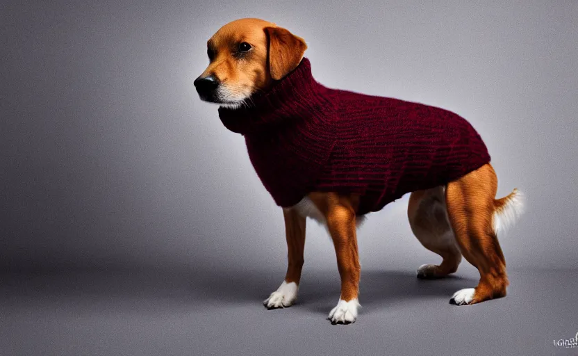 Prompt: studio photography of a dog wearing a woolen sweater, detailed face, cinematic lighting, 8 k