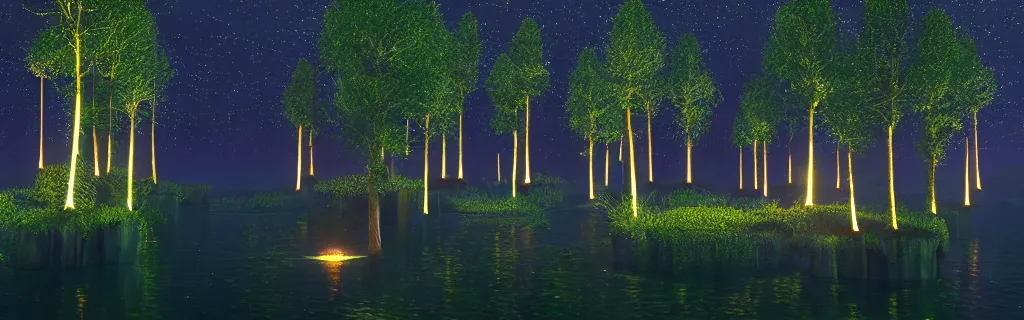 Image similar to fantasy forest of glowing trees and glowing flying insects, a lake reflecting the lights, myst on the air, cinematic feel, hyper realistic, high detail, blender render .