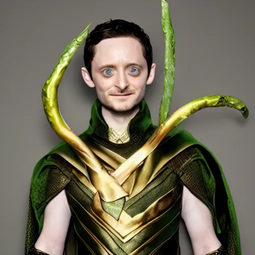 Image similar to Elijah Wood as Loki, full body portrait