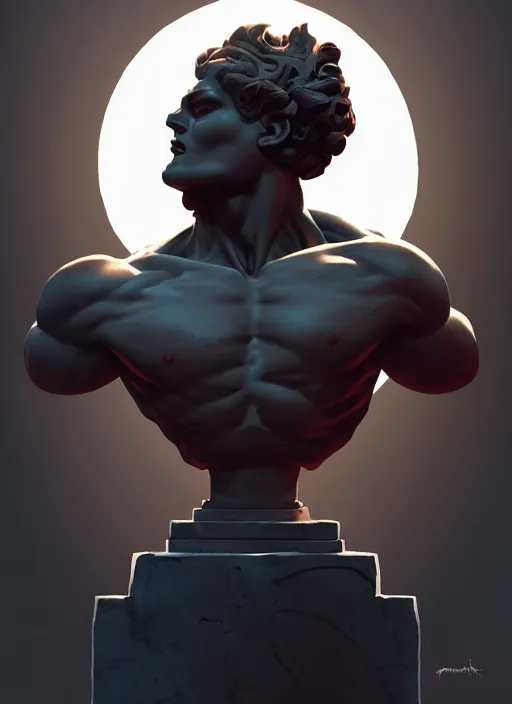 Prompt: stone statue of the greek god apollo in a dark landscape, epic lighting, in the style of artgerm and charlie bowater and atey ghailan and mike mignola, vibrant colors and hard shadows and strong rim light, comic cover art, plain background, trending on artstation