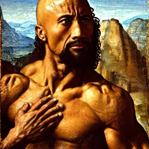 Prompt: The Rock Dwayne Johnson as the Joconde, Leonardo Da Vinci, Renaissance painting