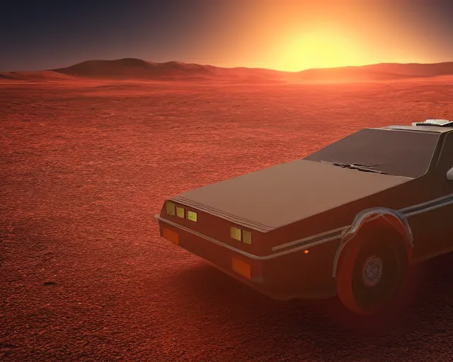 Image similar to doc brown and the delorean on mars, sunset, volumetric light