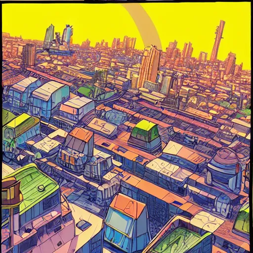 Image similar to futuristic city on a mountainside, red - yellow - blue buildings, city, city on mountainside, clouds around buildings, cel - shaded, raytracing, cel - shading, toon - shading, 2 0 0 1 anime, flcl, jet set radio future, drawn by artgerm