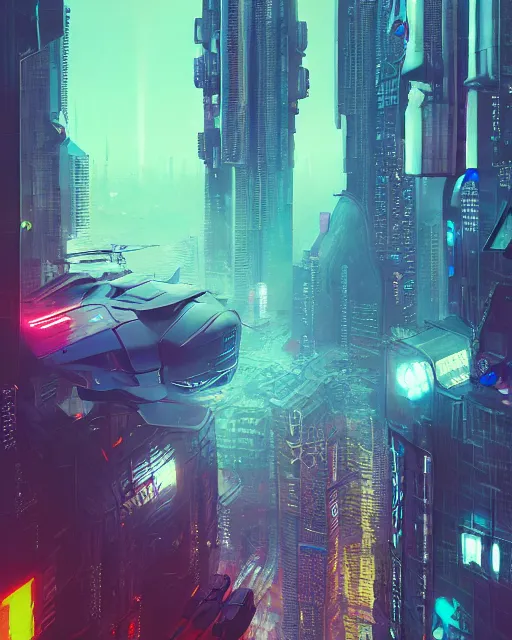 Image similar to cyberpunk drone above a city, scifi, futuristic, neon light, highly detailed, concept art, sharp focus, trending on artstation, intricate, atmosphere, raining, art by roman makarenko, dzung phung dinh