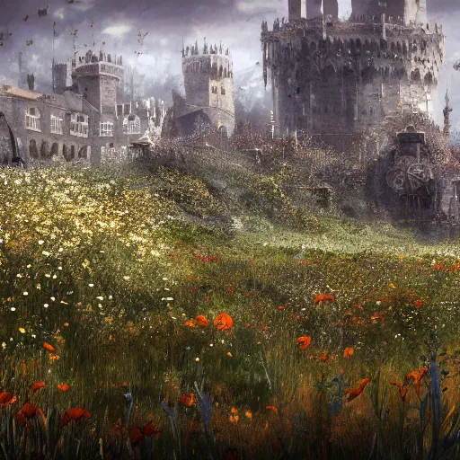 Prompt: puzzle pieces fall from the sky at a field of flowers. darksouls concept art 8k.