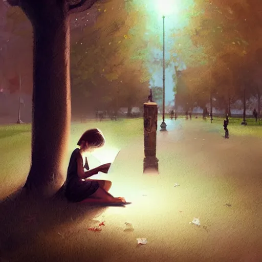 Image similar to a girl reading a book, city park, street lighting, greg rutkowski, digital painting