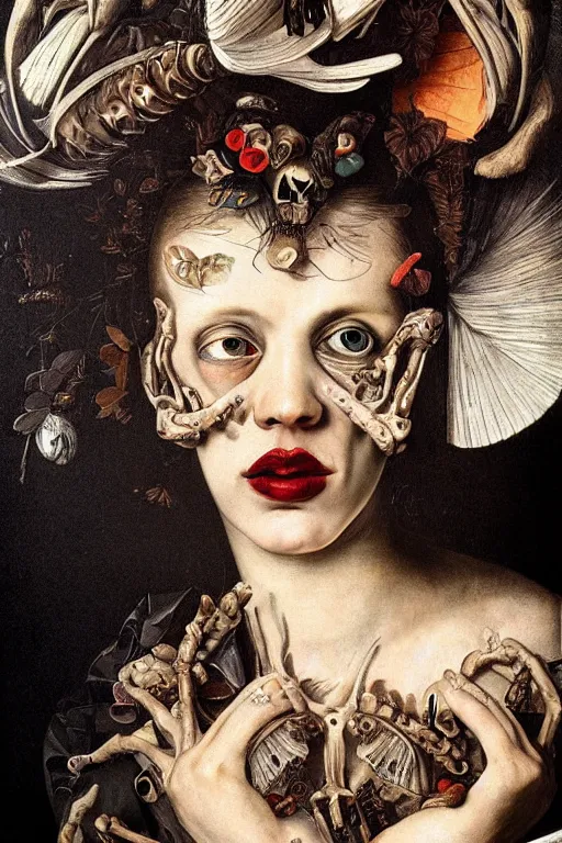 Image similar to Detailed maximalist portrait with large lips and with large, wide eyes, sad expression, extra bones, flesh, HD mixed media, 3D collage, highly detailed and intricate, surreal, illustration in the style of Caravaggio, dark art, baroque