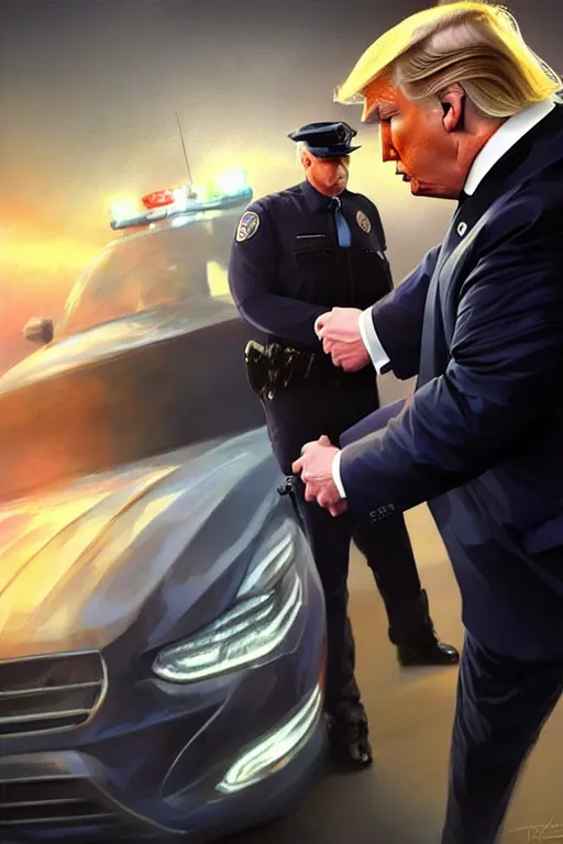 Prompt: donald trump being handcuffed in front of a police car, elegant, real life skin, intricate, high detailed, artstation, concept art, smooth, sharp focus, art by artgerm and greg rutkowski