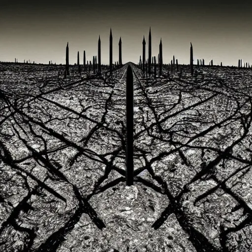 Image similar to radioactive spike field, monolithic granite spikes, one lone person standing in front of the spikes, creepy monotone black and white lighting, post nuclear fallout, desolate, no life, high resolution, old photo, style of salvador dali, van gogh