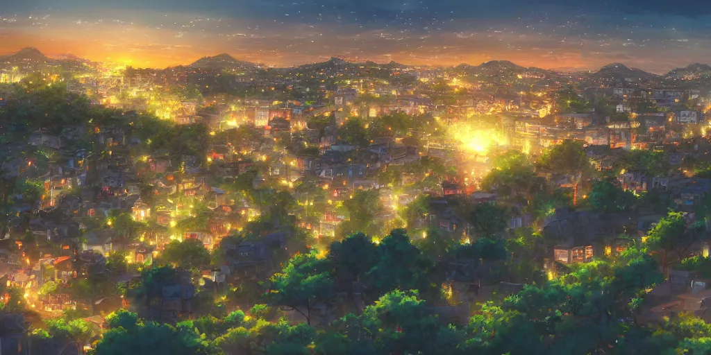 Prompt: beautiful evening view of a town from a hill, award - winning digital art, anime