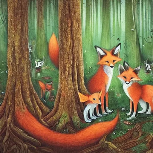 Prompt: “ a magical forrest with a fox family, rubbish showing how humans destroying the world, highly detailed painting ”