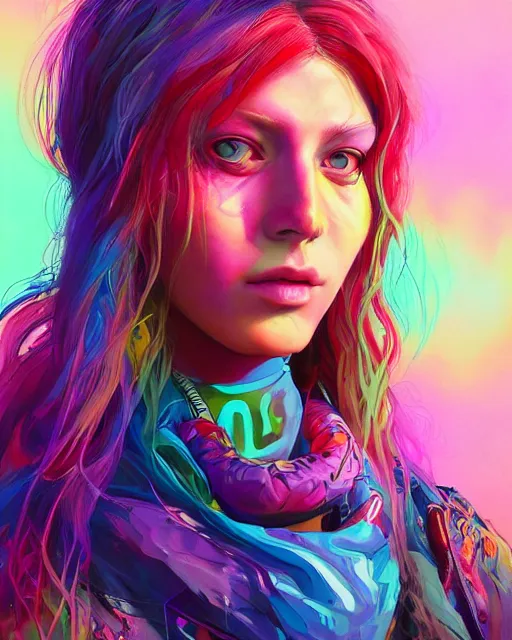Image similar to colorful portrait of a female hippie from the future, set in the future 2 1 5 0 | highly detailed face | very intricate | symmetrical | professional model | cinematic lighting | award - winning | painted by mandy jurgens | pan futurism, dystopian, bold colors, cyberpunk, groovy vibe, anime aesthestic | featured on artstation