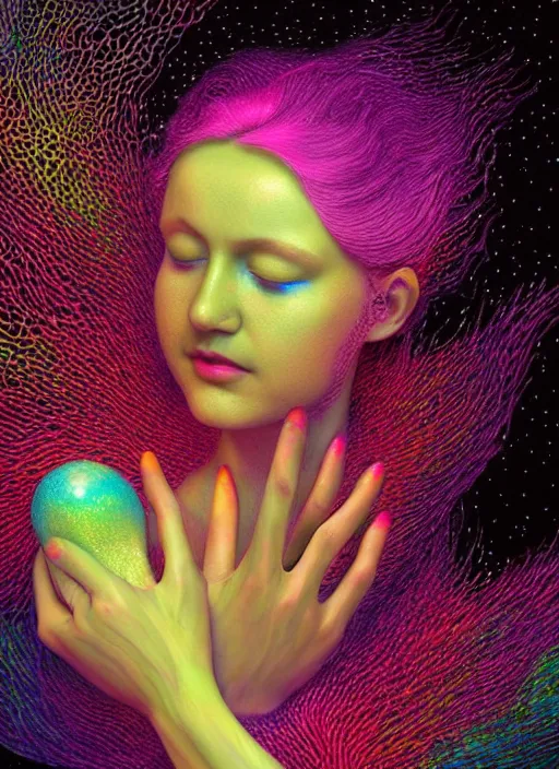 Image similar to hyper detailed 3d render like a Oil painting - Aurora (Singer) Eats of the Strangling aerochrome Fruit and Her delicate Hands hold of gossamer polyp blossoms bring iridescent fungal flowers whose spores black the foolish stars by Jacek Yerka, Mariusz Lewandowski, Houdini algorithmic generative render, Abstract brush strokes, Masterpiece, Edward Hopper and James Gilleard, Zdzislaw Beksinski, Mark Ryden, Wolfgang Lettl, hints of Yayoi Kasuma, octane render, 8k