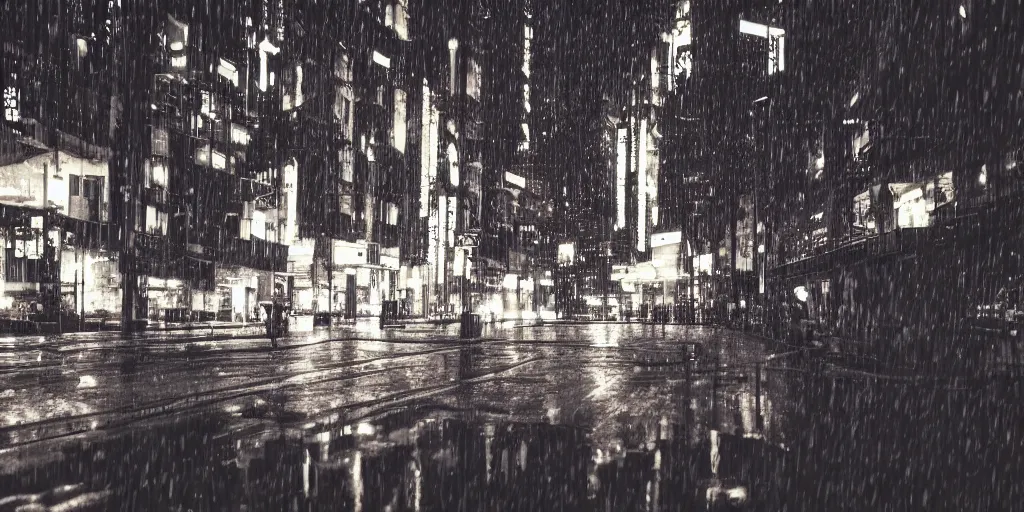 Image similar to a city street at night, raining, photograph, cyberpunk, sharp focus, intricate detail, Desolate, drone shot,