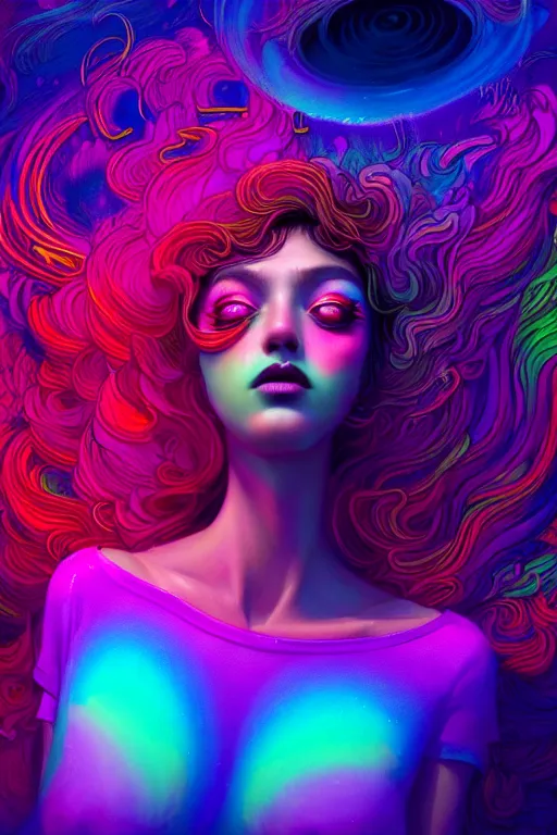Prompt: a beautiful woman engulfed in colorful liquid smoke and neon clouds, a colorful psychedelic experience, dmt, lsd, face, delicate, highly detailed, digital painting, artstation, concept art, smooth, sharp focus, illustration, digital art by hana yata, and artem demura and beeple, octane render, unreal engine, 8 k
