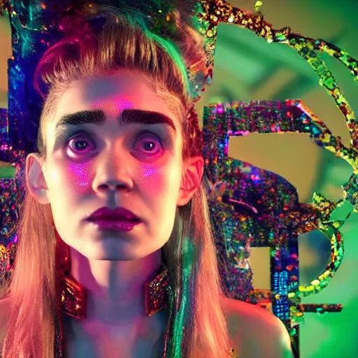 Image similar to a cinematic render with a highly detailed portrait of Grimes in a large room with holographic letters and numbers