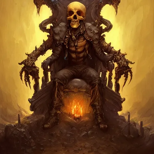 Prompt: an Evil necromancer sitting on a throne of skull, Justin Gerard and Greg Rutkowski, realistic painting, Digital art, very detailed, High definition, trending on Artstation