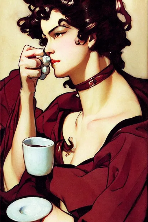 Image similar to attractive hercules played as a woman drinking coffee, painting by j. c. leyendecker, yoji shinkawa, katayama bokuyo