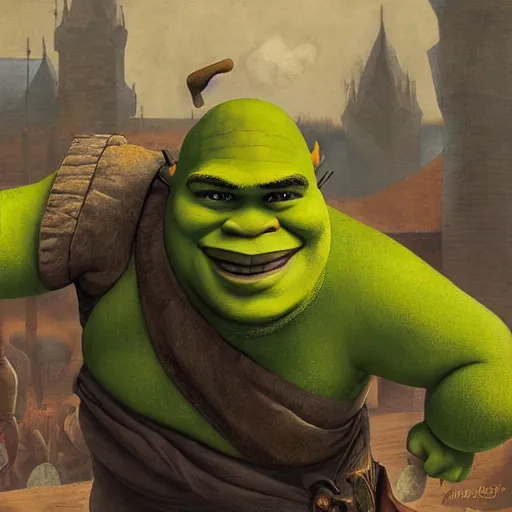 Prompt: a beautiful complex painting of shrek getting ready for a war