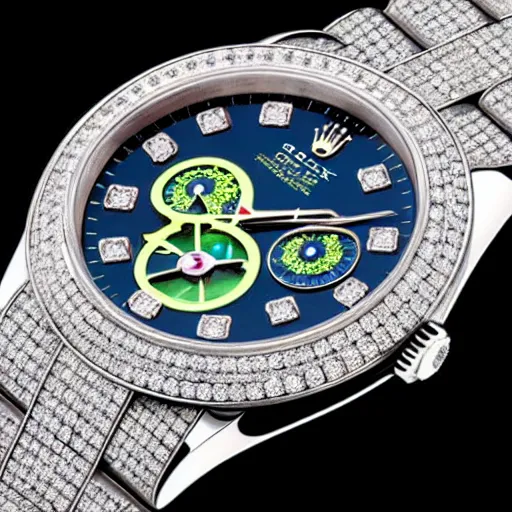 Image similar to futuristic rolex watch blinged out with gems from other worlds