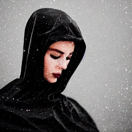Image similar to beautiful female body silhouette, beautiful acrylic fluid portrait, photography by amy leibowitz and filip fedorov, black latex female balaclava, female calendar, ballerina body covered with black blanket, urban city photography, close up portrait, cinematic still, film still, magic hour, dark mood, fashion portrait, cold colors, long exposure, bokeh