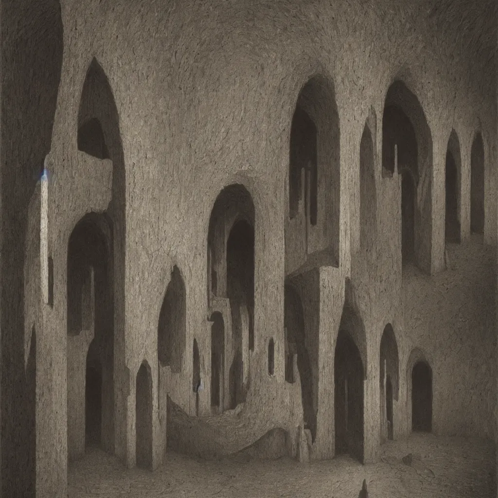 Image similar to cathedral, dungeon, sepulcher, oubliette. unsettling. semi - organic. tunnel, doorways. zdzisław beksinski