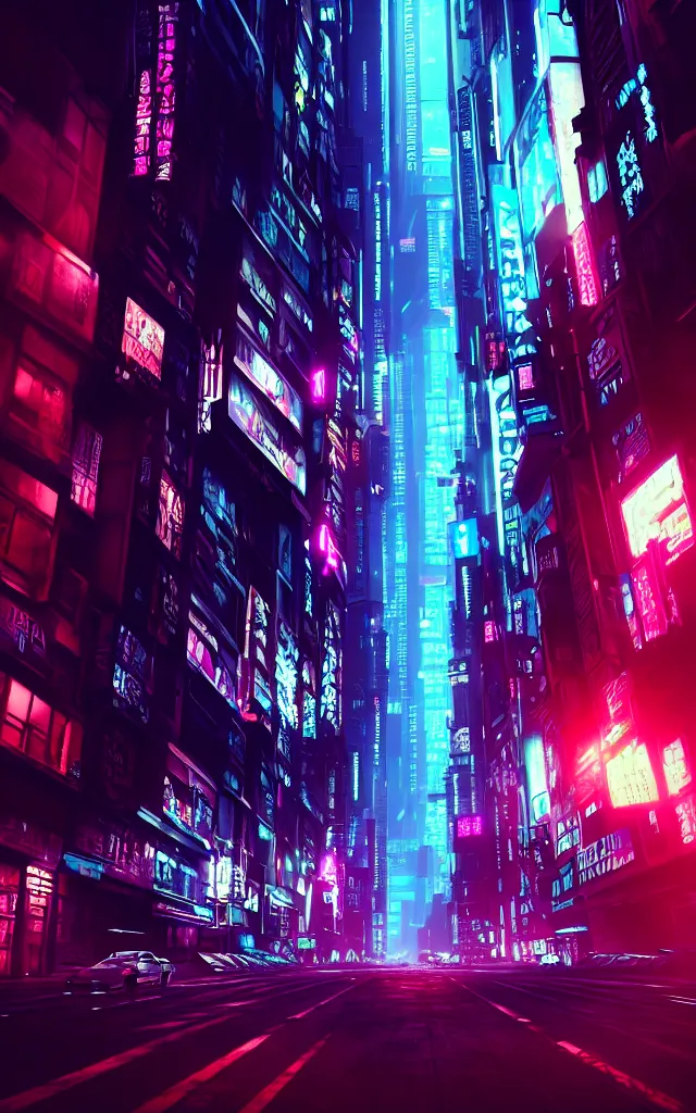 Prompt: concept art of a magnificent dark neon futuristic cyberpunk city bustling street at night cyberart in the style of liam wong in the film akira rendered in octane, 3 d render, trending on cgsociety, blender 3 d, displacement mapped, sharp focus