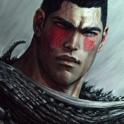 Image similar to portrait of guts from berserk extremely detailed, made by wlop and maxwell boas