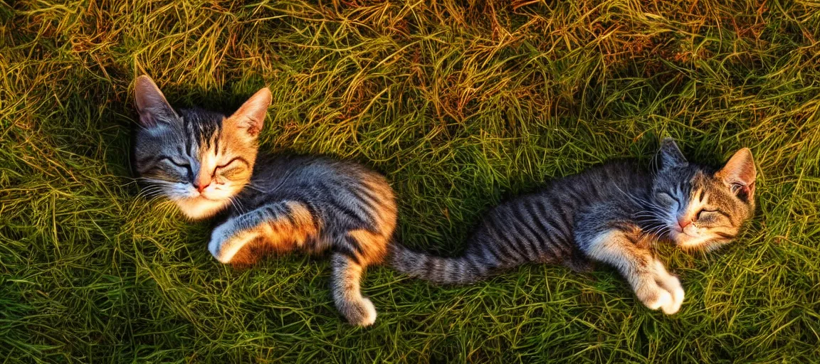 Prompt: a cute cat sleeping on the grass in a forest near a small river at sunset, godrays, complementary colors, warm lighting, raytracing, highly detailed, high quality, 4k HDR, concept art, octane render, unreal engine 5, high coherence, calm, relaxing, beautiful landscape, serene, anatomically correct