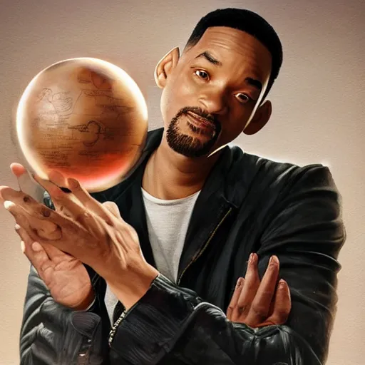 Prompt: Will Smith pondering his Orb by Artgerm and Monet