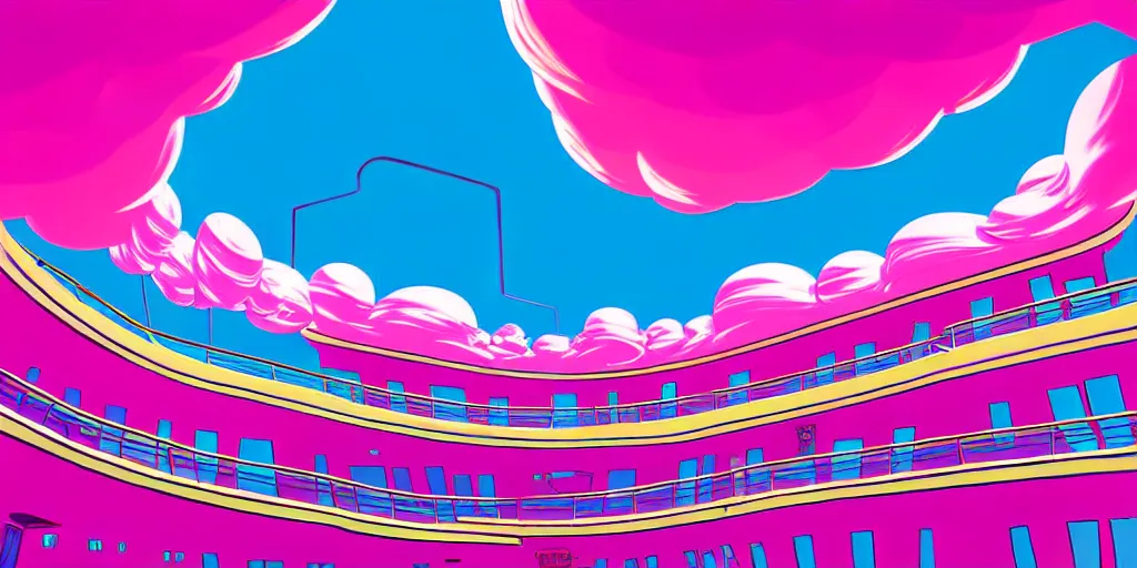 Image similar to minimalistic extreme wide angle curved perspective digital art of sss chubby cotton candy indoor top floor of a casino with a balcony to the ground floor by anton fadeev from nightmare before christmas