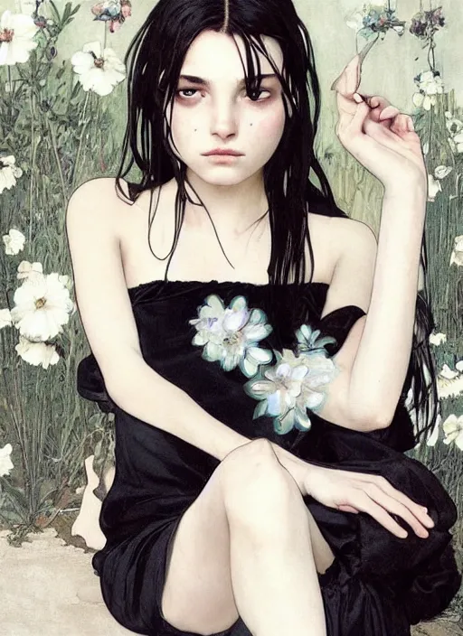 Image similar to a 1 6 year old girl eveline from resident evil 7 with straight long black hair wearing black dress that sitting on bathroom floor, photo for vogue, model エリサヘス s from acquamodels, art by artgem, greg rutkowski and alphonse mucha