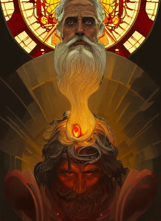 Image similar to the god hephaestus, old man, ash hair, glowing eyes, volumetric lights, yellow and red scheme, art nouveau botanicals, gothic, intricate, highly detailed, digital painting, artstation, concept art, smooth, sharp focus, symmetric face, illustration, steampunk, art by artgerm and greg rutkowski and alphonse mucha