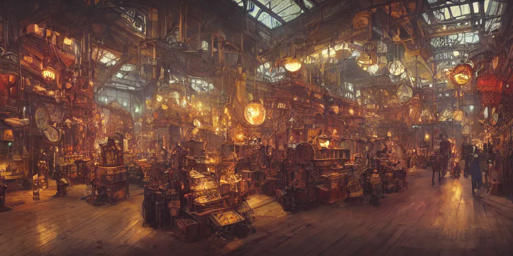 Prompt: steampunk market interior, colorful, 3 d scene, greg rutkowski, zabrocki, karlkka, jayison devadas, trending on artstation, 8 k, ultra wide angle, zenith view, pincushion lens effect