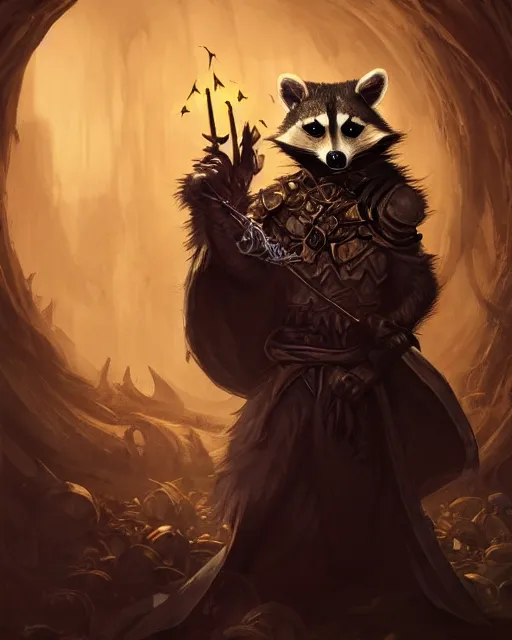 Image similar to anthropomorphic royal warlock raccoon casting a spell in a dungeon, dark souls, d & d, fantasy, intricate, action pose, elegant, highly detailed, digital painting, artstation, concept art, matte, sharp focus, illustration, hearthstone, art by artgerm, wlop, greg rutkowski and alphonse mucha