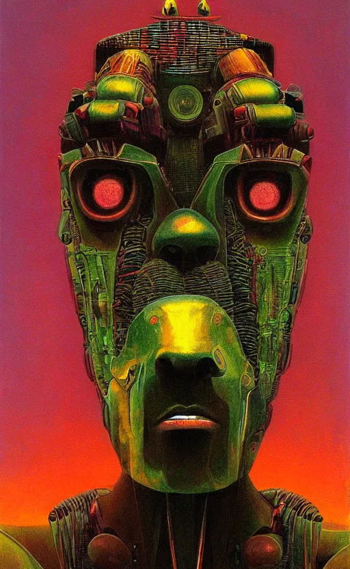 Prompt: portrait of mecha african tribal chief, symmetrical, dramatic lighting, colourful, glowing eyes, art by zdzislaw beksinski,