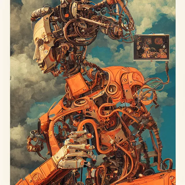 Image similar to robot artist painting a self - portrait on a canvas. intricate, highly detailed, digital matte painting, in the style of alexandros pyromallis, and in the style of sachin teng, and in the style of hans thoma, and in the style of frank kelly freas. irony, recursion, inspiration.