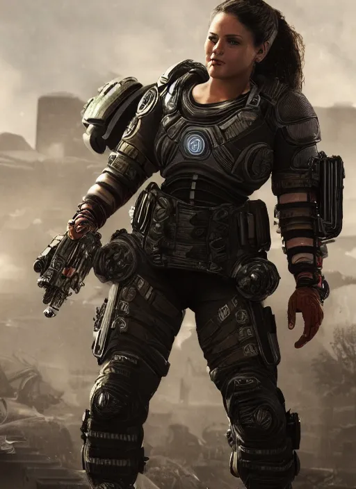 Image similar to Jenette Vasquez from aliens wearing gears of war COG armor, full body portrait, hyper realistic render, artstation, 8k uhd