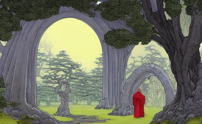 Image similar to a hyperrealist watercolour concept art of a dimensional time portal in the shape of an arch of trees. a medieval monk in grey robes is in the foreground. a japanese temple is in the background. very muted colors, post grunge, by rebecca guay, michael kaluta, charles vess and jean moebius giraud. high detail, hq, wide shot, 4 k